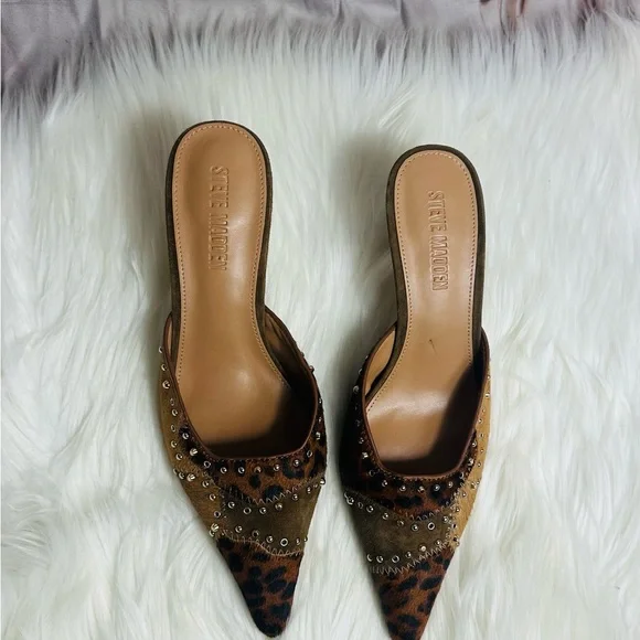 Steve Madden Leopard Print & Tan Studded Pointed Mule Heels - Picture 7 of 10